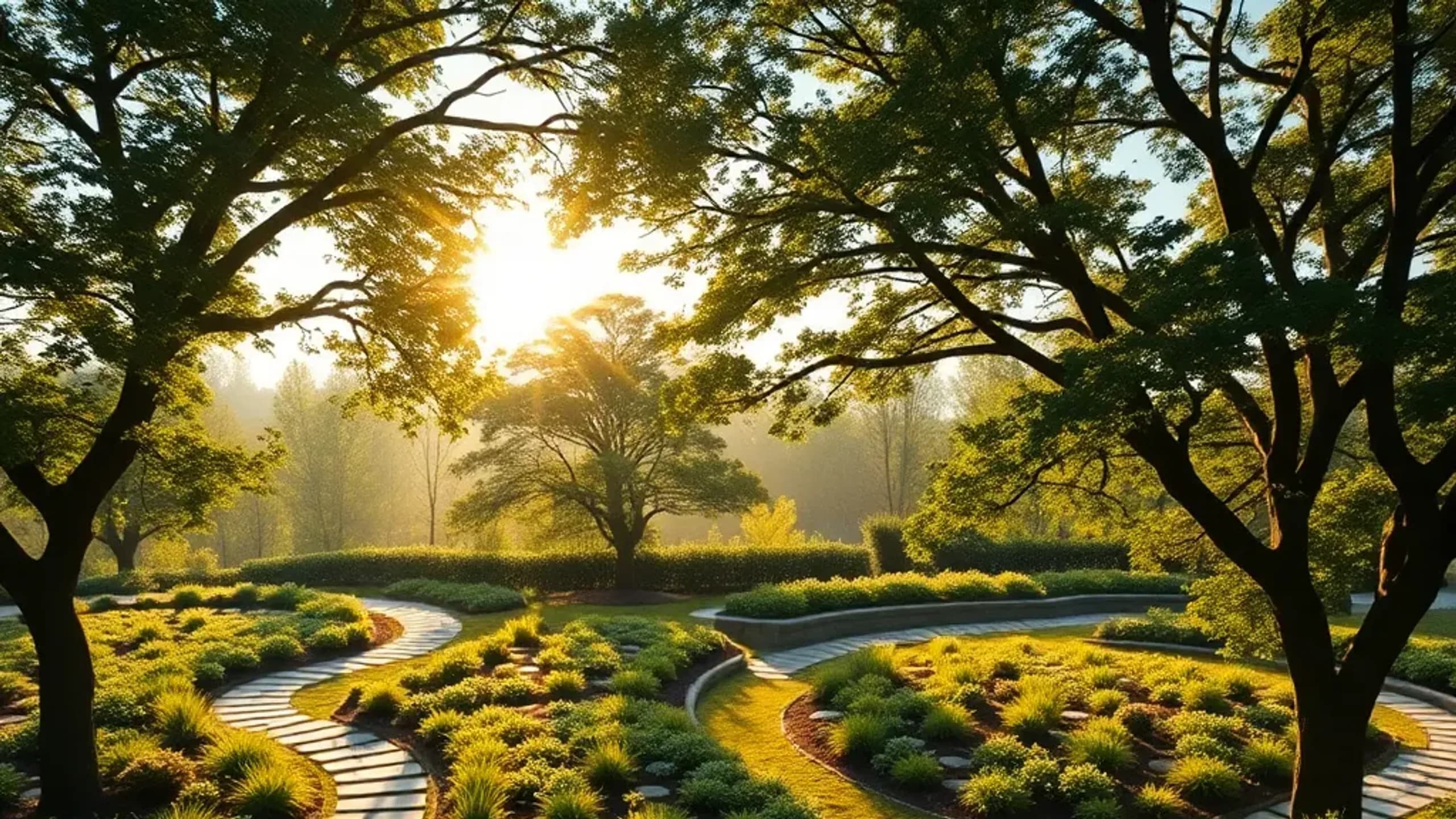 Lush forest path at golden hour